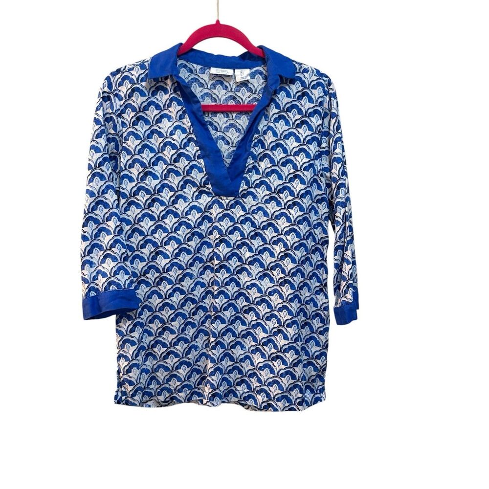 Sigrid Olsen Tunic Blouse Womens Small Blue Geometric V Neck 3/4 Sleeve Top - Picture 2 of 6